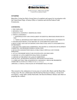 SYNOPSIS Black Box Voting Has Filed a Formal Letter of Complaint and Request for Investigation with the United States Dept