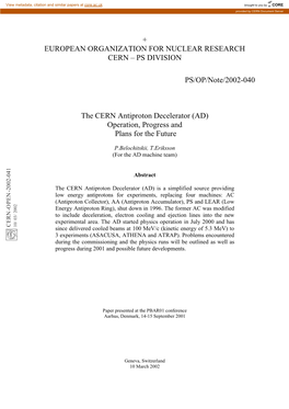 The CERN Antiproton Decelerator (AD) Operation, Progress and Plans for the Future