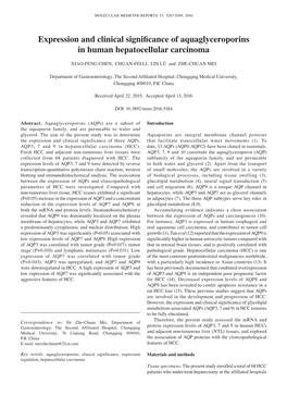 Expression and Clinical Significance of Aquaglyceroporins in Human Hepatocellular Carcinoma