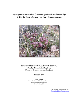 Wheel Milkweed): a Technical Conservation Assessment