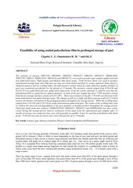 Feasibility of Using Sealed Polyethylene Film in Prolonged Storage of Gari