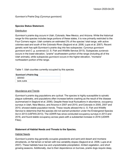 Species Status Statement. Distribution Gunnison's Prairie