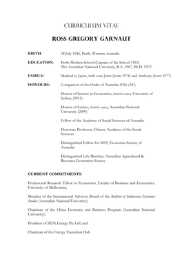 Curriculum Vitae Ross Gregory Garnaut