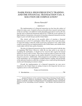 Dark Pools, High-Frequency Trading, and the Financial Transaction Tax: a Solution Or Complication?