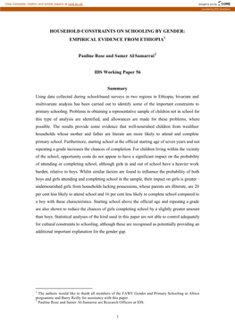 Household Constraints on Schooling by Gender: Empirical Evidence from Ethiopia1