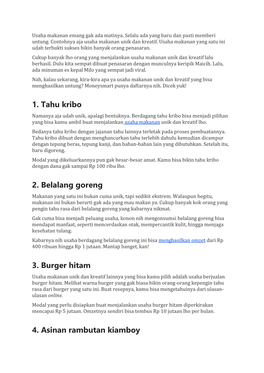 1. Tahu Kribo 2. Belalang Goreng 3. Burger Hitam 4. Asinan Rambutan Kiamboy