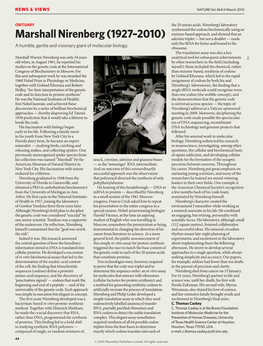 Marshall Nirenberg (1927–2010) Adenine Triplet — but Not a Doublet — Made a Humble, Gentle and Visionary Giant of Molecular Biology