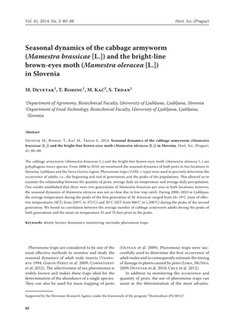 Seasonal Dynamics of the Cabbage Armyworm (Mamestra Brassicae [L.]) and the Bright-Line Brown-Eyes Moth (Mamestra Oleracea [L.]) in Slovenia