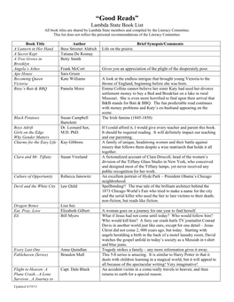 “Good Reads” Lambda State Book List All Book Titles Are Shared by Lambda State Members and Compiled by the Literacy Committee