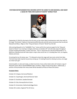 Bystorm Entertainment/Rca Records Artist Ro James to Join Maxwell and Mary J