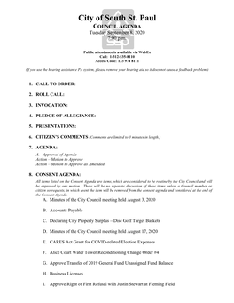 City of South St. Paul COUNCIL AGENDA Tuesday September 8, 2020 7:00 P.M