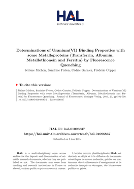 Transferrin, Albumin, Metallothionein and Ferritin) by Fluorescence Quenching Jérôme Michon, Sandrine Frelon, Cédric Garnier, Frédéric Coppin
