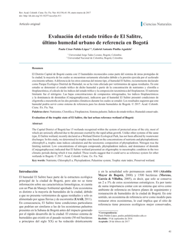 Evaluación Del Estado Trófico De El Salitre, Último Humedal Urbano De Referencia En Bogotá Paulo César Pulido-López1,*, Gabriel Antonio Pinilla-Agudelo2