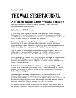 A Human-Rights Crisis Wracks Paradise the Maldives Enjoyed a Brief Period of Democracy, Until the Elected President Was Deposed in a Coup