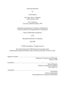 Clitics and Agreement by Taylor Roberts BA (Spec. Hons.)