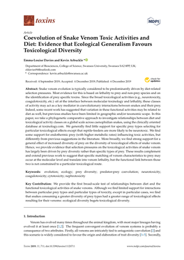 Coevolution of Snake Venom Toxic Activities and Diet: Evidence That Ecological Generalism Favours Toxicological Diversity