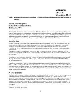 WG2 N4751 L2/16-257 Date: 2016-09-19 Title: Source Analysis of an Extended Egyptian Hieroglyphs Repertoire (Hieroglyphica Based)