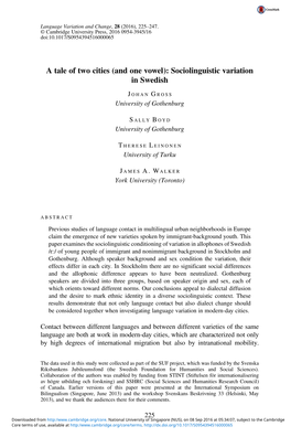 A Tale of Two Cities (And One Vowel): Sociolinguistic Variation in Swedish