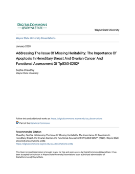 Addressing the Issue of Missing Heritability: the Importance of Apoptosis in Hereditary Breast and Ovarian Cancer and Functional Assessment of Tp53i3-S252*