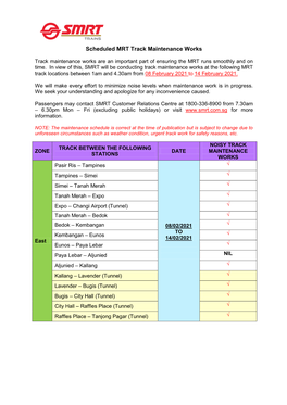 Schedule of Track Maintenance Works