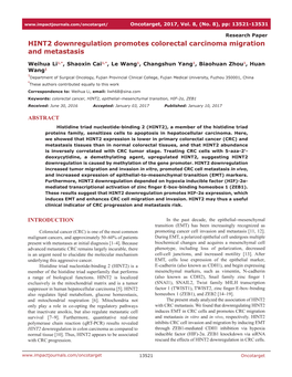 HINT2 Downregulation Promotes Colorectal Carcinoma Migration and Metastasis