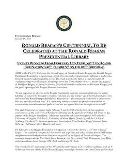 Ronald Reagan's Centennial to Be Celebrated at The