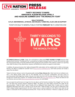 Thirty Seconds to Mars Announce Album Release April 6 and Headline Summer 2018 “The Monolith Tour”