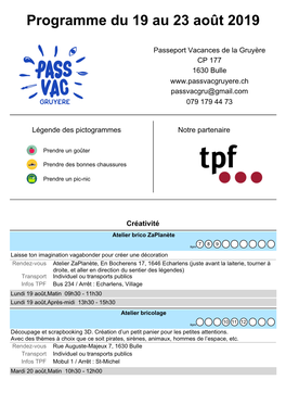 Programme Du 19 Au 23 Août 2019