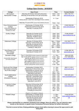 College Open Events – 2018/2019