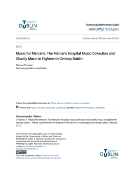 Music for Mercer's: the Mercer's Hospital Music Collection and Charity Music in Eighteenth-Century Dublin