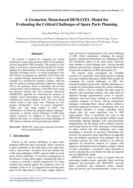 A Geometric Mean-Based DEMATEL Model for Evaluating the Critical Challenges of Spare Parts Planning 121