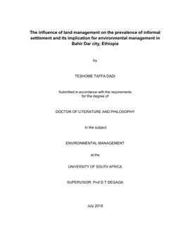 The Influence of Land Management on the Prevalence of Informal Settlement and Its Implication for Environmental Management in Bahir Dar City, Ethiopia