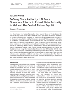 UN Peace Operations Efforts to Extend State Authority in Mali and the Central African Republic Shannon Zimmerman