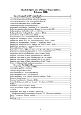 USAID/Bulgaria List of Legacy Organizations (February 2008)