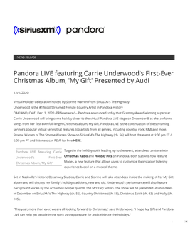 Pandora LIVE Featuring Carrie Underwood's First-Ever Christmas Album, 'My Gift' Presented by Audi