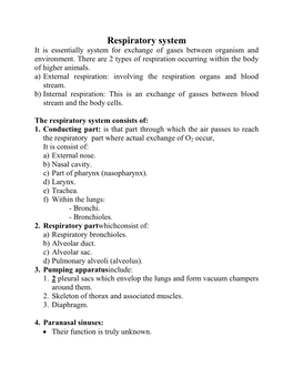 Respiratory System It Is Essentially System for Exchange of Gases Between Organism and Environment