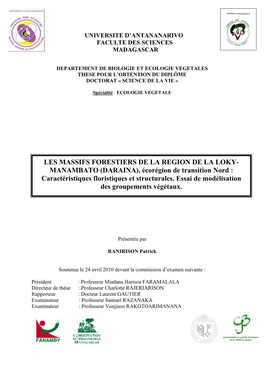 LES MASSIFS FORESTIERS DE LA REGION DE LA LOKY- MANAMBATO (DARAINA), Écorégion De Transition Nord : Caractéristiques Floristiques Et Structurales