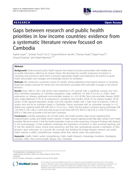 Gaps Between Research and Public Health Priorities in Low Income