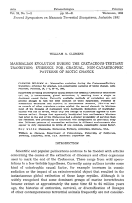 Mammalian Evolution During the Cretaceous-Tertiary Transition; Evidence Fo~