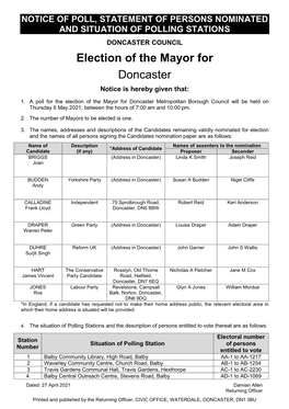 Election of the Mayor for Doncaster Metropolitan Borough Council Will Be Held on Thursday 6 May 2021, Between the Hours of 7:00 Am and 10:00 Pm