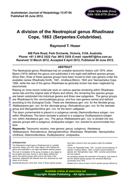 A Division of the Neotropical Genus Rhadinaea Cope, 1863 (Serpentes:Colubridae)