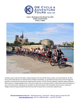 France - Montargis to Paris Bicycle Tour 2021 Guided and Self-Guided 8 Days / 7 Nights