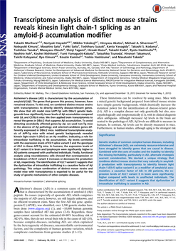 Transcriptome Analysis of Distinct Mouse Strains Reveals Kinesin Light Chain-1 Splicing As an Amyloid-Β Accumulation Modifier