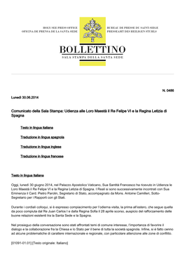 Comunicato Della Sala Stampa: Udienza Alle Loro Maestà Il Re Felipe VI E La Regina Letizia Di Spagna