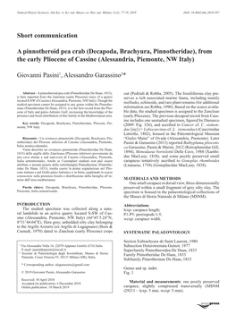 Decapoda, Brachyura, Pinnotheridae), from the Early Pliocene of Cassine (Alessandria, Piemonte, NW Italy)