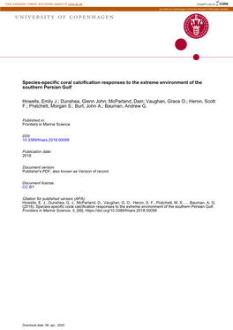 Species-Specific Coral Calcification Responses to the Extreme Environment of the Southern Persian Gulf