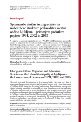 Spremembe Etnične in Migracijske Ter Izobrazbene Strukture Prebivalstva Mestne Občine Ljubljana – Primerjava Podatkov Popisov 1991, 2002 in 2015