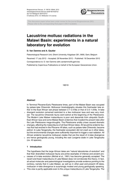 Lacustrine Mollusc Radiations in the Malawi Basin: Experiments in Alaboratory Natural for Evolution D