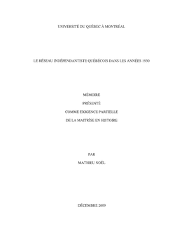 Le Réseau Indépendantiste Québécois Dans Les Années 1930