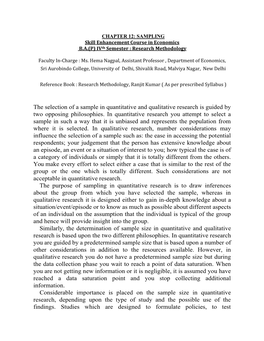 The Selection of a Sample in Quantitative and Qualitative Research Is Guided by Two Opposing Philosophies. in Quantitative Resea